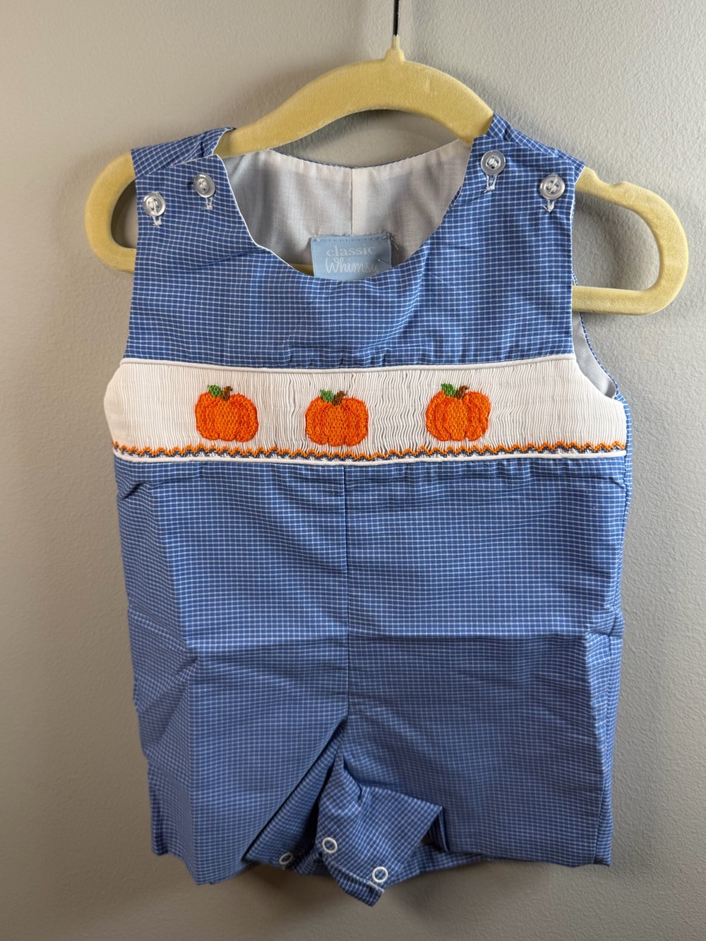 Classic Whimsy Blue Gingham Pumpkin Smocked Shortie Jon Jon size 3M NWT